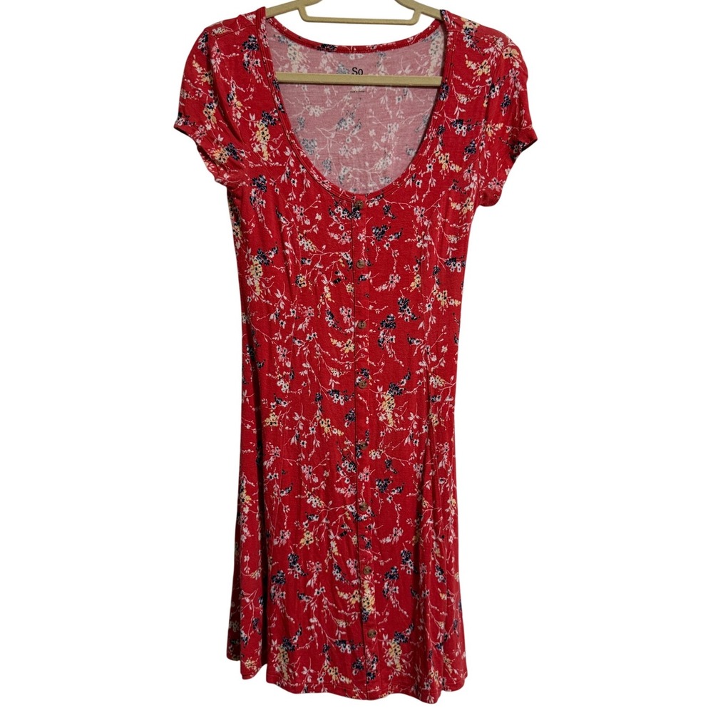 SO Red Floral Button Front Mini Dress Short Sleeve Lace Up Back Small